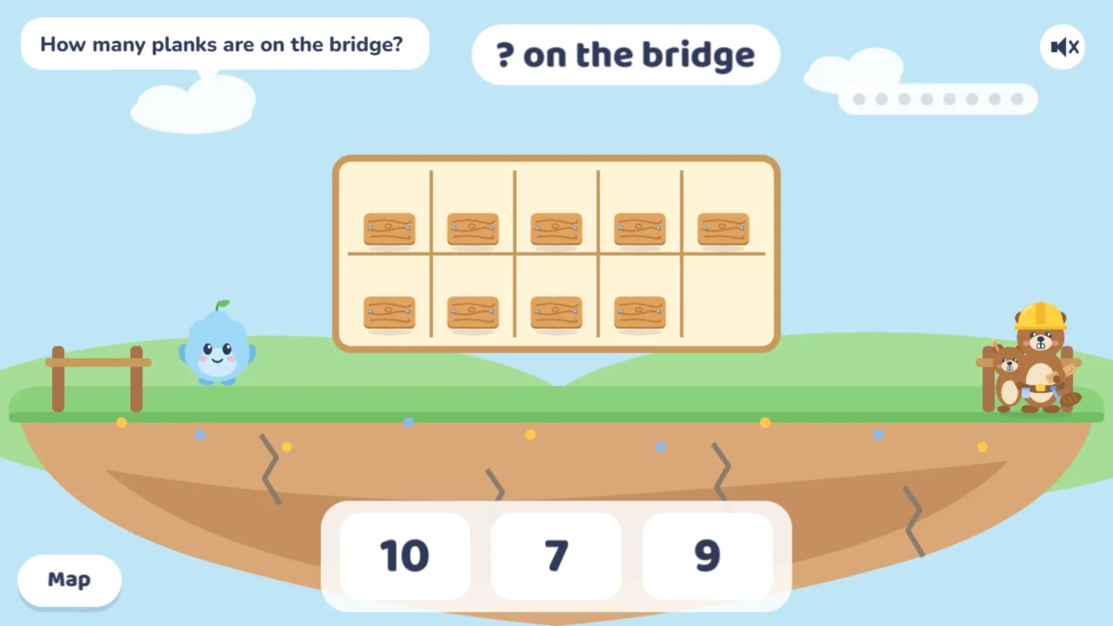 An island problem: a ten-frame with five planks and the answers 4, 5 and 7.