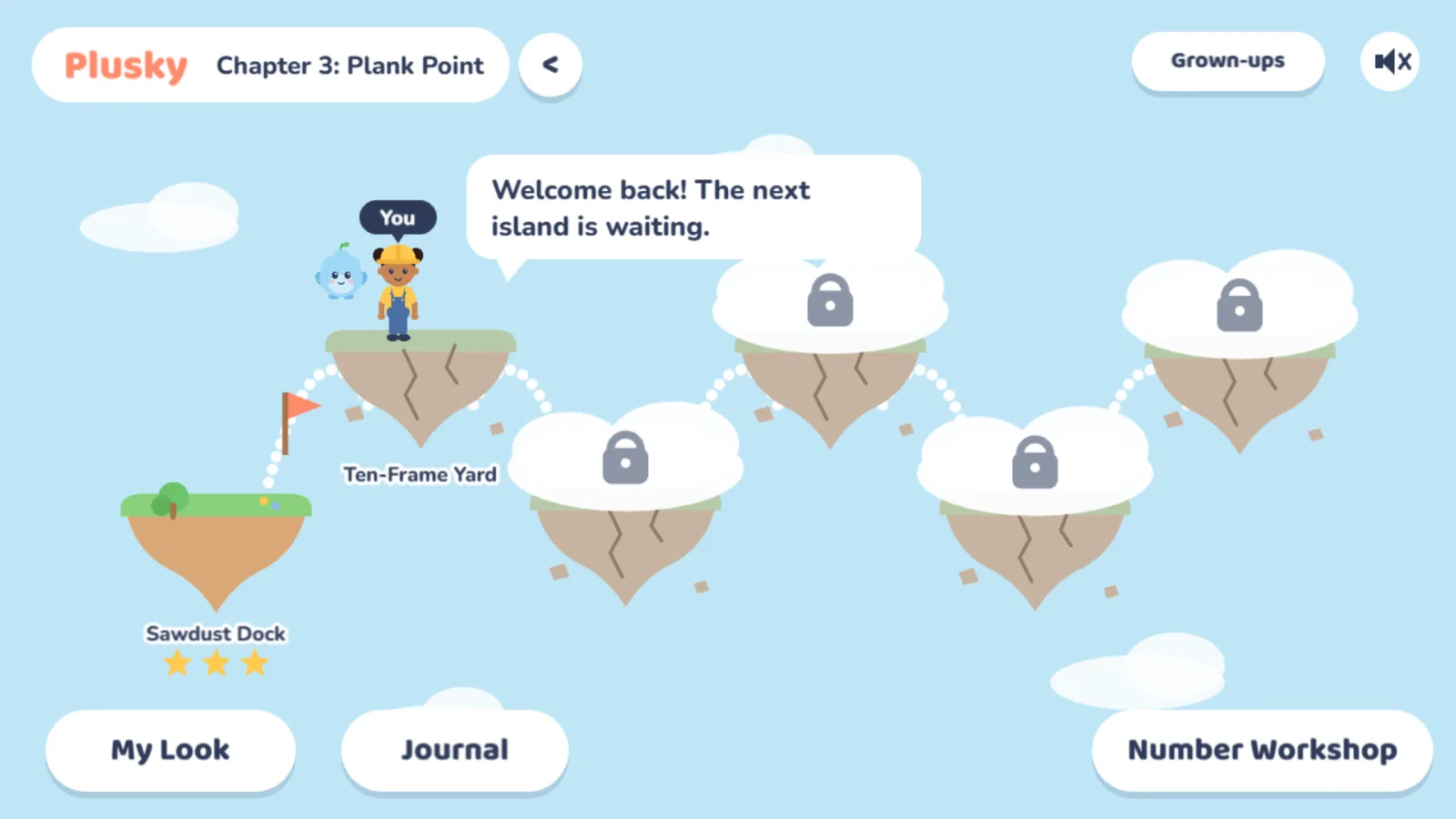 The world map: a child and their buddy stand on a fixed island, with the next islands still in the clouds.